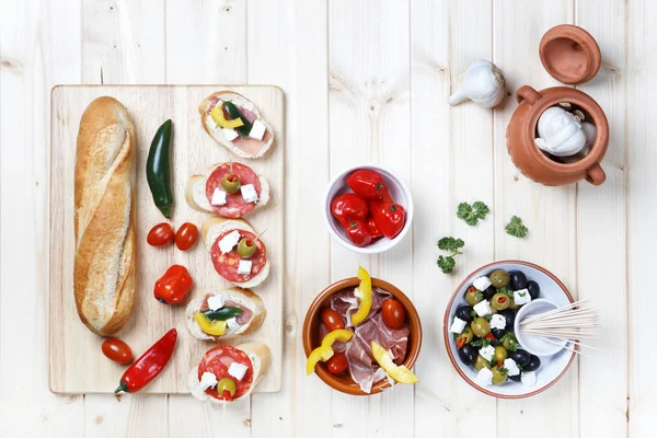 Bread Roll Board Tapas Pinxos Parma Prosciutto Ham Feta Cheese — Stock Photo, Image