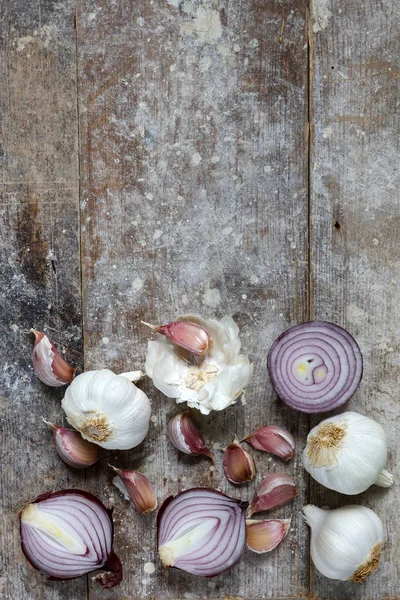 Garlic Red Onions Boards Copy Space Top — Stock Photo, Image