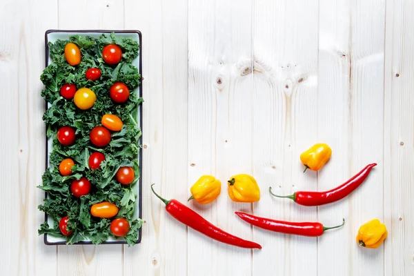 Fresh Chopped Prepared Kale Yellow Red Cherry Tomatoes Plate Knife — Stock Photo, Image
