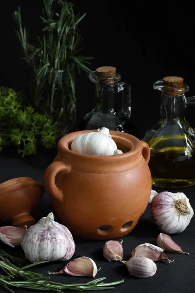 Dark Food Chiaroscuro Still Life Garlic Olive Oil Vinegar Copy Royalty Free Stock Images