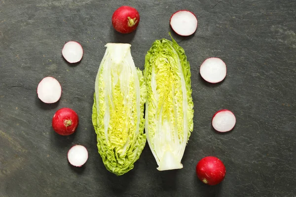 Fresh Organic Gem Lettuces Radishes Slate Background Royalty Free Stock Photos