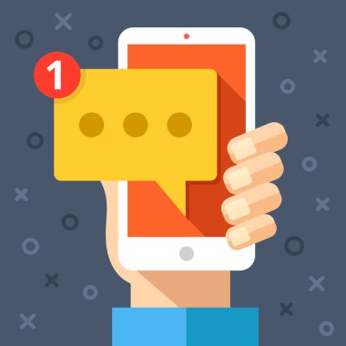 Smartphone ile yeni mesaj ekranda tutan el. Sohbet, cıvıldamak, anlık mesajlaşma, sms, mobil messenger kavramları için web siteleri, web afiş, basılı materyalleri. Modern düz tasarım vektör çizim