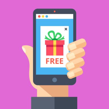 Ekranda kırmızı hediye ve word ücretsiz smartphone ile reklam tutan el. Online Reklam, satış, indirimli, promosyon, internet dolandırıcılığı, aldatmaca kavramları. Modern düz tasarım vektör çizim