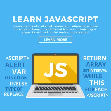 Laptop with JS word on screen. Learn Javascript, web development, programming, coding concept. Modern graphic for web banners, website, printed materials, infographics. Flat design vector illustration clipart