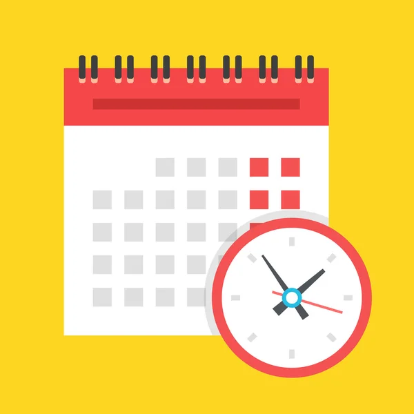 ベクトルのカレンダーと時計のアイコン。スケジュール、予定、重要な日付の概念。黄色の背景に分離されたモダンなフラット デザイン イラスト — ストックベクタ