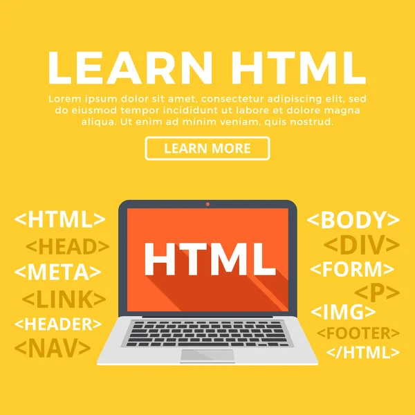 Laptop com palavra HTML na tela. Aprenda HTML, programação, desenvolvimento web, web design, codificação. Gráfico moderno para banners web, site, materiais impressos, infográficos. Ilustração vetorial de design plano —  Vetores de Stock