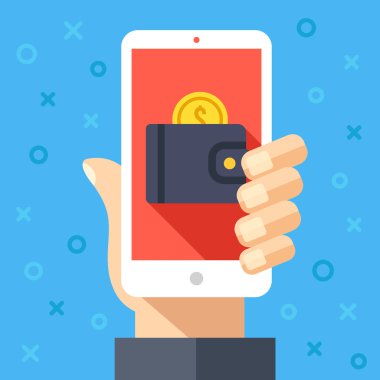 M-cüzdan ve madeni para ile Smartphone ekranında tutan el. Online ödeme, internet bankacılığı, cep telefonunuzun mobil cüzdan grafik tasarım kavramları ile ödeme. Yaratıcı modern düz vektör çizim