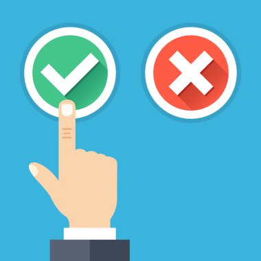 El ile onay işareti iterek düğme. Yeşil kene ve Kızılhaç set yuvarlak düğmeleri ile uzun gölgeler. Zor bir seçim, zor bir karar, Evet ve Hayır kavramlar arasında seçin. Düz tasarlamak vektör