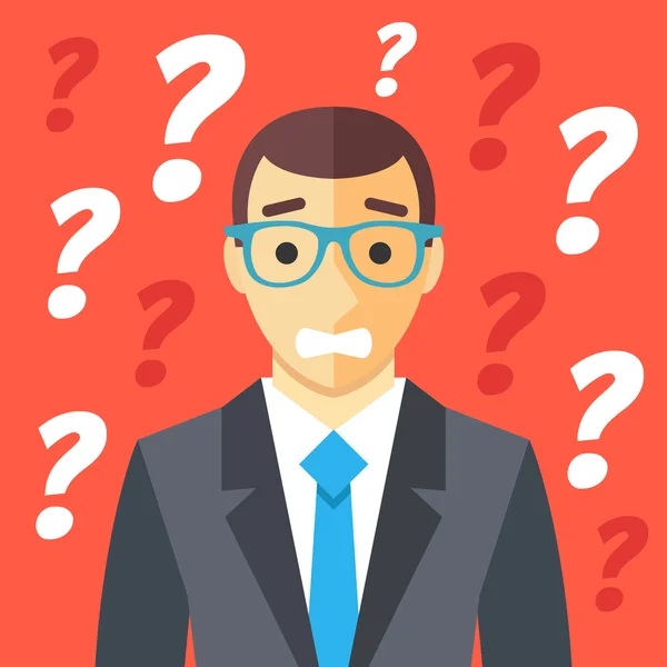 Un hombre confuso y muchos interrogantes. Confusión, situación difícil, humano despistado, conceptos gráficos mal entendidos. Diseño plano creativo vector ilustración — Vector de stock