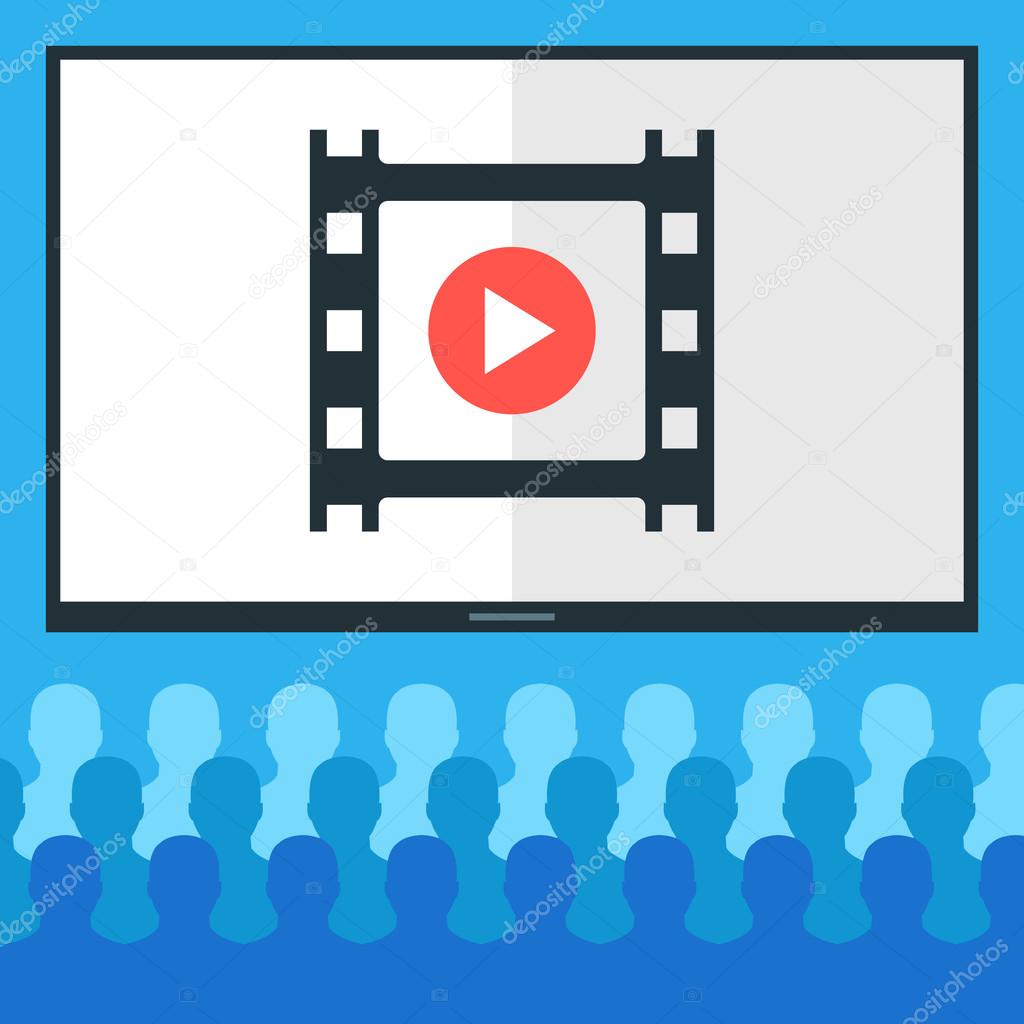 People at cinema and cinema screen with film frame. Audience watching movie concept. Flat design vector illustration