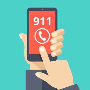 Arama 911, acil arama kavramı. Akıllı telefon, çağrı düğmesine dokunmak parmak tutan el. Modern düz tasarım vektör çizim