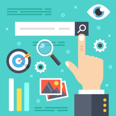 Internet arama. Parmak Ara düğmesini motoru simgeler, öğeleri arama büyüteç ile dokunaklı. Sörf web, Web siteleri, bilgi kavramları için arıyor bulmak. Modern düz vektör çizim