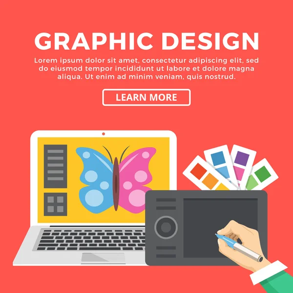 グラフィック デザイン web バナー。デジタル タブレットとペンを持つ手。カラー パレット、ラップトップ画面上の蝶。デジタル イラストレーション、創造的なプロセスの概念を作成します。ベクトル フラット図 — ストックベクタ