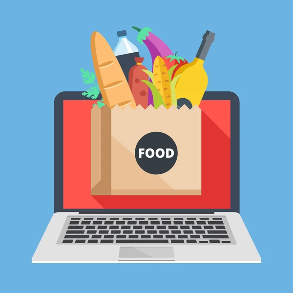 Laptop en papieren tas met voedsel. Het kopen van boodschappen online, voedsel levering, internet winkelen concepten. Creatieve plat ontwerp, vectorillustratie — Stockvector