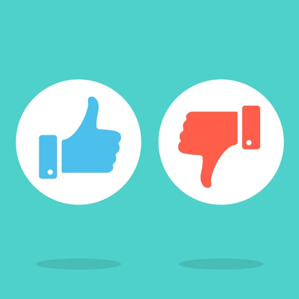 Like and dislike round icons set. Blue thumbs up and red thumbs down symbols in white circles. Modern vector icons — Stock Vector