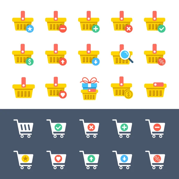 Gelbe Einkaufskörbe und weiße Einkaufswagen und Einkaufswagen Icons Set. E-Commerce, Online-Shop, E-Commerce, Internet-Shopping-Konzepte. flache Design-Grafik für Web und mobile Apps. Vektorsymbole gesetzt — Stockvektor