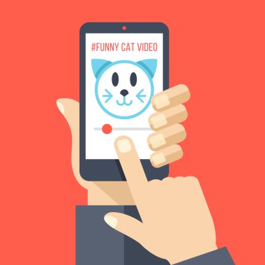 Smartphone ile kedi ekranda video tutan el. Komik videolar online, Film, başarısız, İnternet viral medya izliyor. Düz tasarlamak vektör
