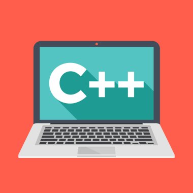 Laptop ekranında C++ başlık ile. C++ programlama dili kavramı öğrenin. Modern uzun gölge düz tasarım vektör çizim