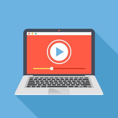 Modern dizüstü bilgisayar ekranında video oynatıcı ile. Video Online, film izlemek, eğitim materyalleri, web kursları kavramları. Uzun gölge düz tasarım. Vektör çizim