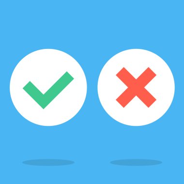 Vektör düz tasarım onay işaretli simgeler kümesi. Yeşil kene, yeşil onay işareti simgesini ve Kızıl Haç işareti beyaz yuvarlak simgeler