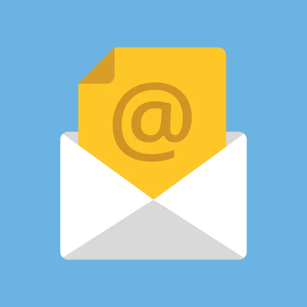 Enveloppe blanche avec document jaune avec au signe. Adresse e-mail, boîte e-mail, concepts de messages entrants. icône vectorielle design plat moderne — Image vectorielle