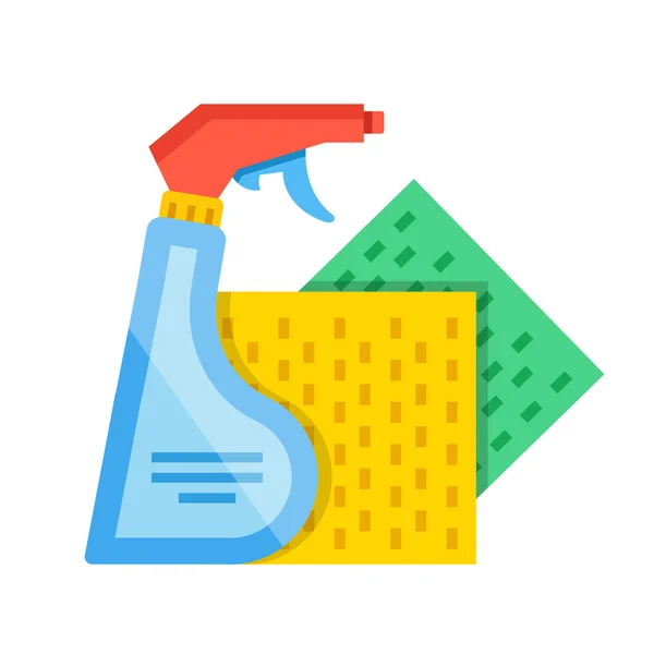 Garrafa de spray detergente e panos de esponja verde e amarela. Limpeza, conceitos de lavagem. Ilustração moderna do vetor do projeto plano —  Vetores de Stock