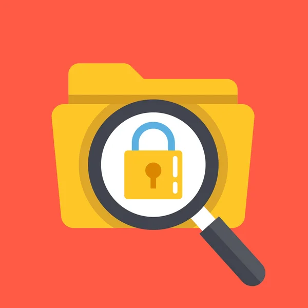 Yellow folder icon and magnifying glass with padlock icon. Password protected folder concept. Flat design vector illustration — Stock vektor