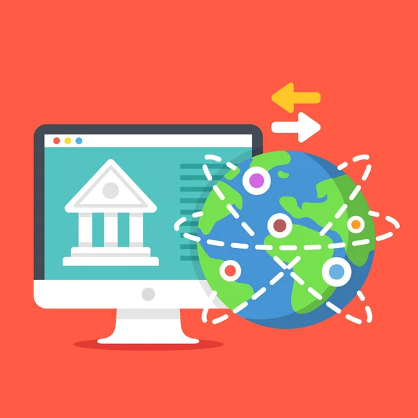 Bank building on computer screen, Earth globe and exchange arrows. Internet banking, online payment, remittance, financial transactions concepts. Modern flat design vector illustration — ストックベクタ