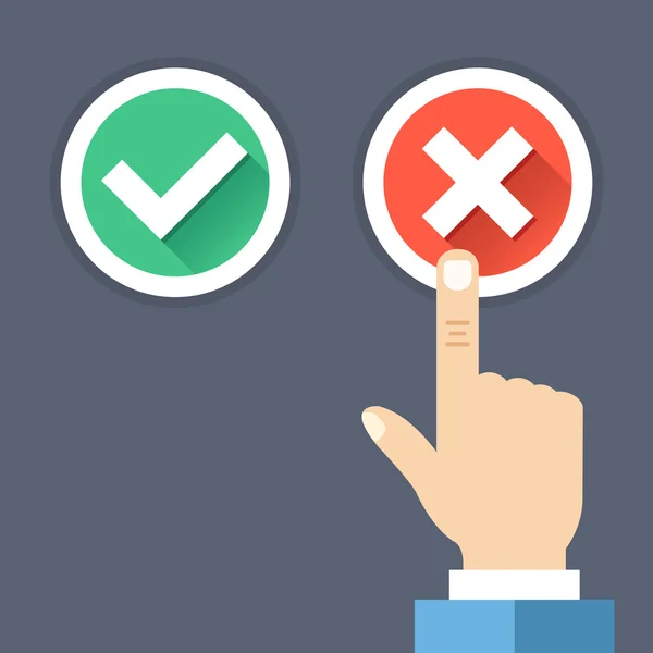 Hand pushing red button with cross. Red cross and green tick round buttons set with long shadows. Wrong choice, bad decision, error, choose between yes and no concepts. Flat design vector illustration — ストックベクタ