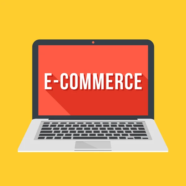 Moderne laptop met e-commerce woord op het scherm. E-commerce, elektronische handel, internet detailhandel grafische concepten. Lange schaduw platte ontwerp. Vectorillustratie — Stockvector