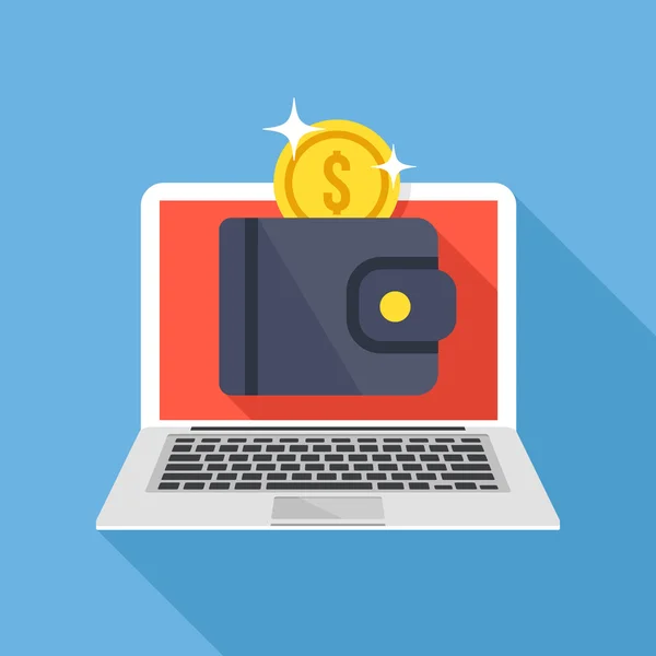 Laptop with wallet and gold coin icon. Long shadow flat design. Modern vector illustration — ストックベクタ