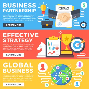 İş ortaklığı, etkili strateji, küresel iş düz illüstrasyon kavramlar kümesi. Düz tasarım grafik web afiş, web siteleri, basılı materyalleri, infographics. Modern vektör çizimler