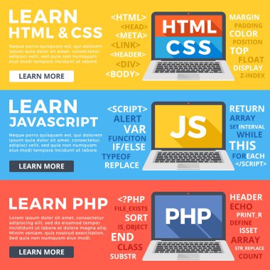 HTML ve Css, Javascript ve Php düz illüstrasyon kavramlar, şablonları kümesi öğrenmek. Düz tasarım grafik web afiş, web siteleri, düzenleri, basılı malzemeler, infographics için. Vektör çizimler