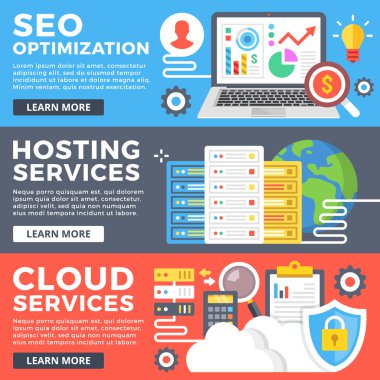 Seo optimizasyonu, barındırma hizmeti, bulut Hizmetleri, Internet teknolojisi düz illüstrasyon kavramı kümesi. Düz tasarım grafik için web reklam, web sitesi, basılı materyalleri, infographics. Vektör çizim