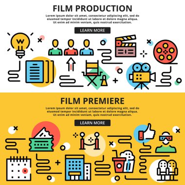 Film üretim, film galası, sinema düz çizgi tasarım illüstrasyon kavramlar kümesi. İnce çizgi tasarım grafik simgeler için web siteleri, web afiş, basılı materyalleri, infographics. Düz vektör çizim