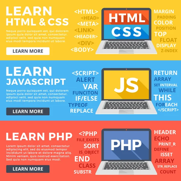 Imparare HTML e CSS, imparare Javascript e PHP concetti illustrazione piatta, set di modelli. Grafica di design piatto per banner web, siti web, layout, materiali stampati, infografica. Illustrazioni vettoriali — Vettoriale Stock