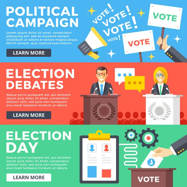 Campaña política, debates electorales, día de elecciones conjunto de conceptos de ilustración plana. Elementos gráficos de diseño plano para sitios web, banners web, materiales impresos, infografías. Ilustración vectorial moderna — Archivo Imágenes Vectoriales