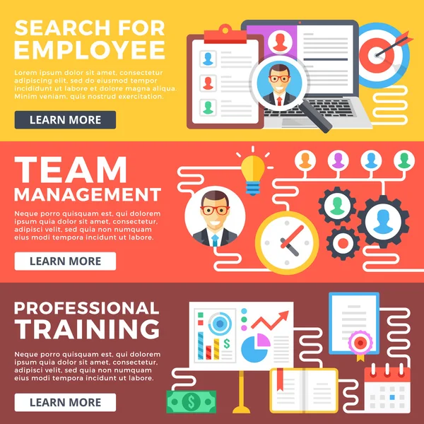 Search for employee, team management, progessional training flat illustration concepts set. Flat design graphic elements for web banners, web site, printed materials, infographics. Vector illustration — Stock Vector