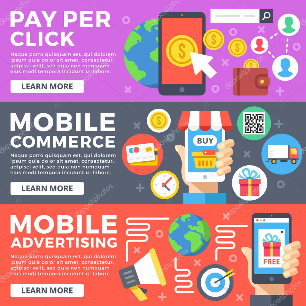 Pay per click, mobile commerce, internet business, mobile advertising flat illustration concepts set. Flat design graphic for web sites, web banner, printed materials, infographic. Vector illustration