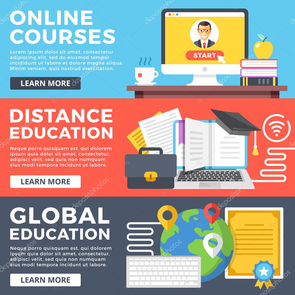 Online courses, distance education, global education flat illustration concepts set. Flat design graphic for web sites, web banners, printed materials, templates, infographics. Vector illustrations