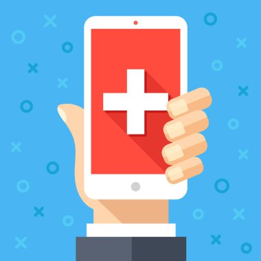 Ekranda kırmızı zemin üzerine beyaz haç ile Smartphone tutan el. Acil durum, mobil sağlık teknolojisi, online tıp, tıp app, online doktor yardım. Modern düz tasarım vektör çizim