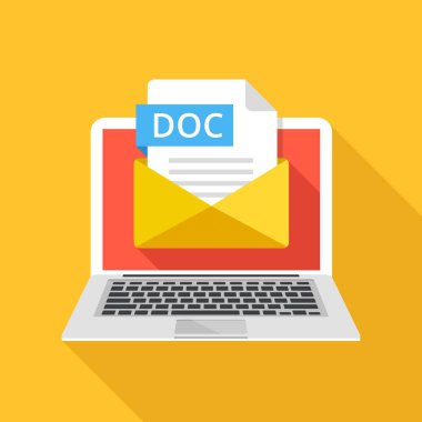 Laptop ile zarf ve Doc dosya uzantısı. Defter, e-posta, dosya eki Doc belge. Modaya uygun grafik öğeleri. Modern uzun gölge düz tasarım. Vektör çizim