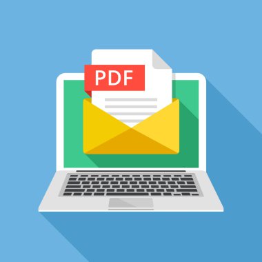 Laptop ile zarf ve Pdf dosyası. Defter ve e-posta ile dosya eki Pdf belge. Yaratıcı grafik öğeleri ve kavramlar. Modern uzun gölge düz tasarım. Vektör çizim