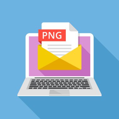 Laptop ile zarf ve Png dosyası. Defter ve e-posta ile dosya eki Png imge. Modaya uygun grafik öğeleri. Modern uzun gölge düz tasarım. Vektör çizim