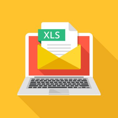 Laptop ile zarf ve Xls dosya. Defter, dosya eki Xls belge ile e-posta. Modaya uygun grafik öğeleri ve yaratıcı kavramlar. Modern uzun gölge düz tasarım. Vektör çizim