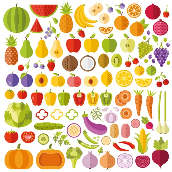 Gyümölcsök és zöldségek lapos ikonok beállítása. Színes lapos design grafikai elemek gyűjteménye. Vector ikonok, vektor illusztrációk — Stock Vector