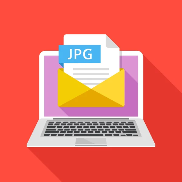 Φορητό υπολογιστή με το φάκελο και το αρχείο Jpg. Σημειωματάριο και e-mail με συνημμένο αρχείο Jpg εικόνα. Μοντέρνα γραφικά στοιχεία και έννοιες. Επίπεδη σχεδίαση σύγχρονων πολύ σκιά. Εικονογράφηση διάνυσμα — Διανυσματικό Αρχείο