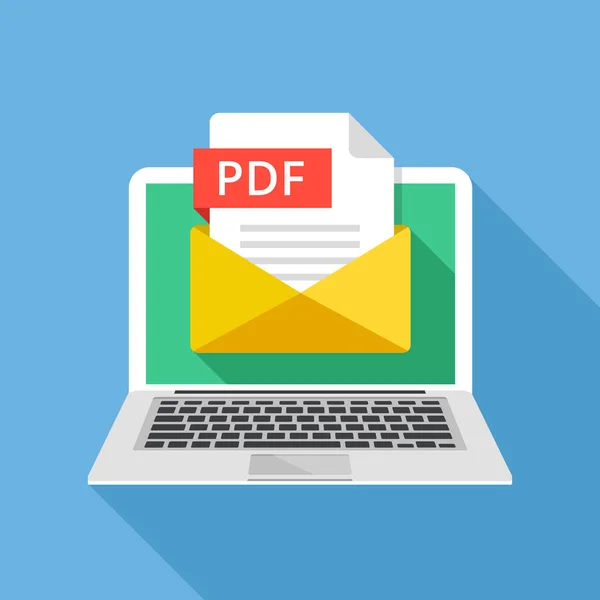 Portátil con sobre y archivo PDF. Cuaderno y correo electrónico con archivo adjunto documento PDF. Elementos gráficos creativos y conceptos. Diseño plano de sombra larga moderna. Ilustración vectorial — Vector de stock