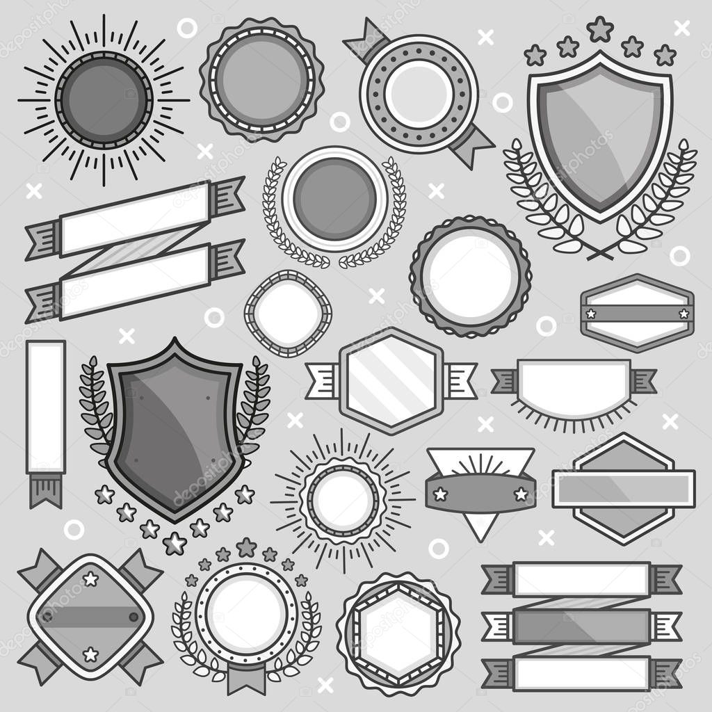 Black and white vintage badges, labels, shapes and ribbons set. Creative vector illustration