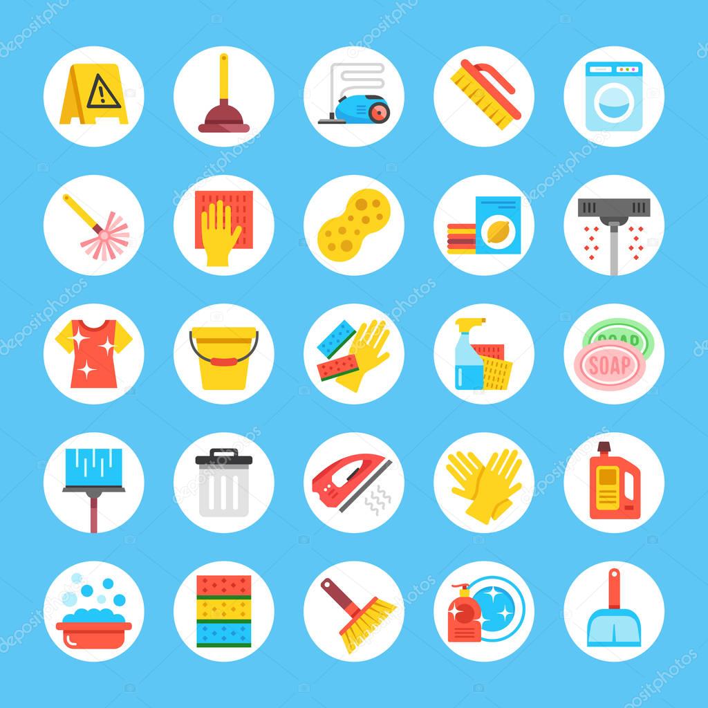 Vector cleaning icons set. Flat design round icons with household